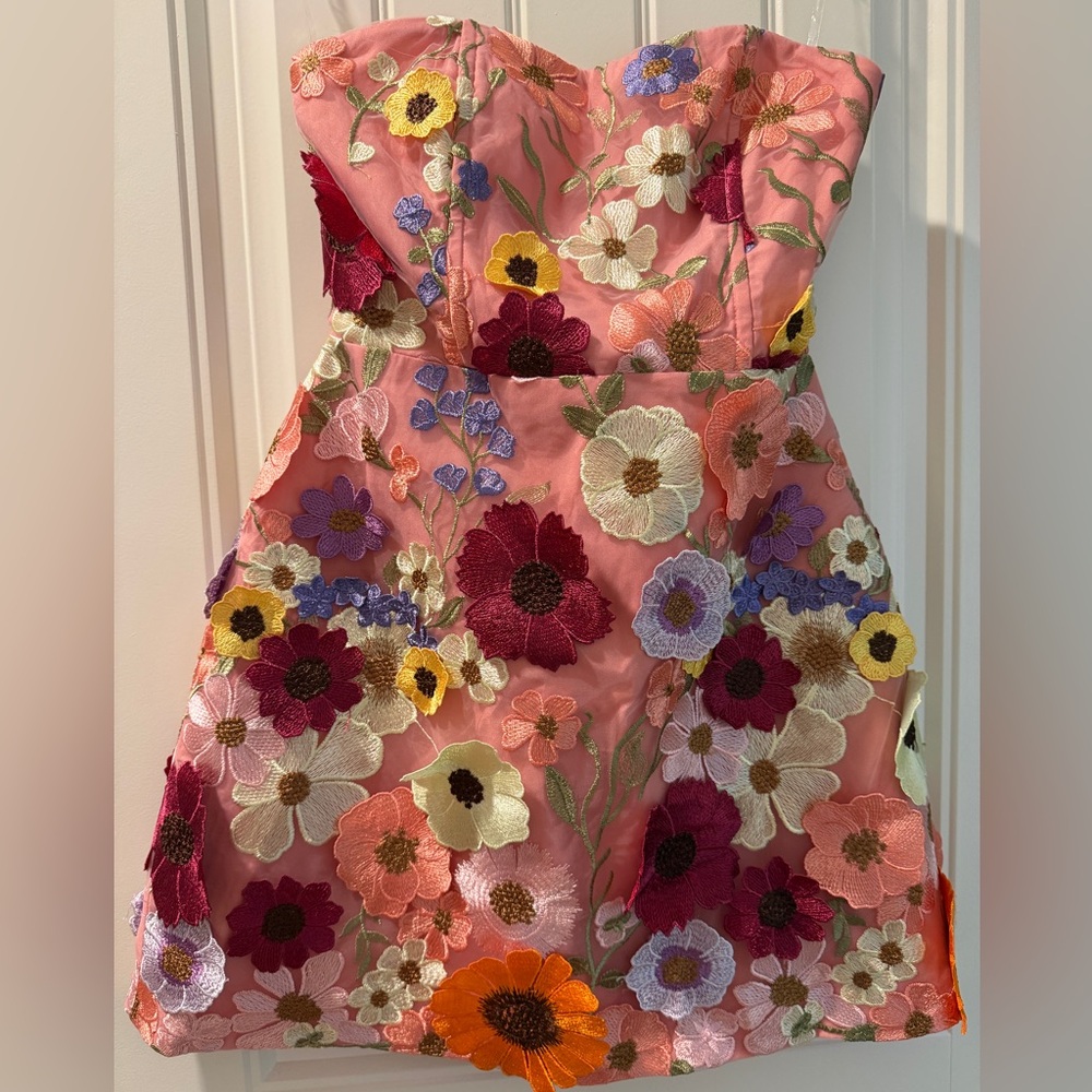 Petals in the air Strapless Pink Floral Embroidered Mini Dress - Picture 3 of 4